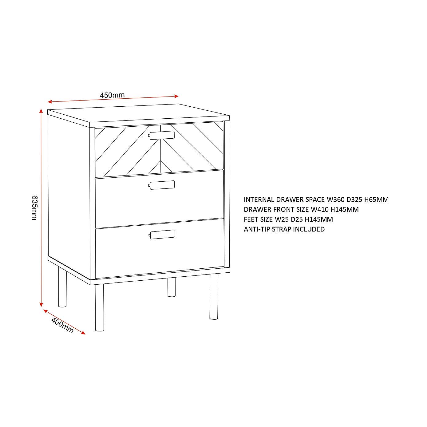 Leon 3 Drawer Bedside Table, Oak Effect