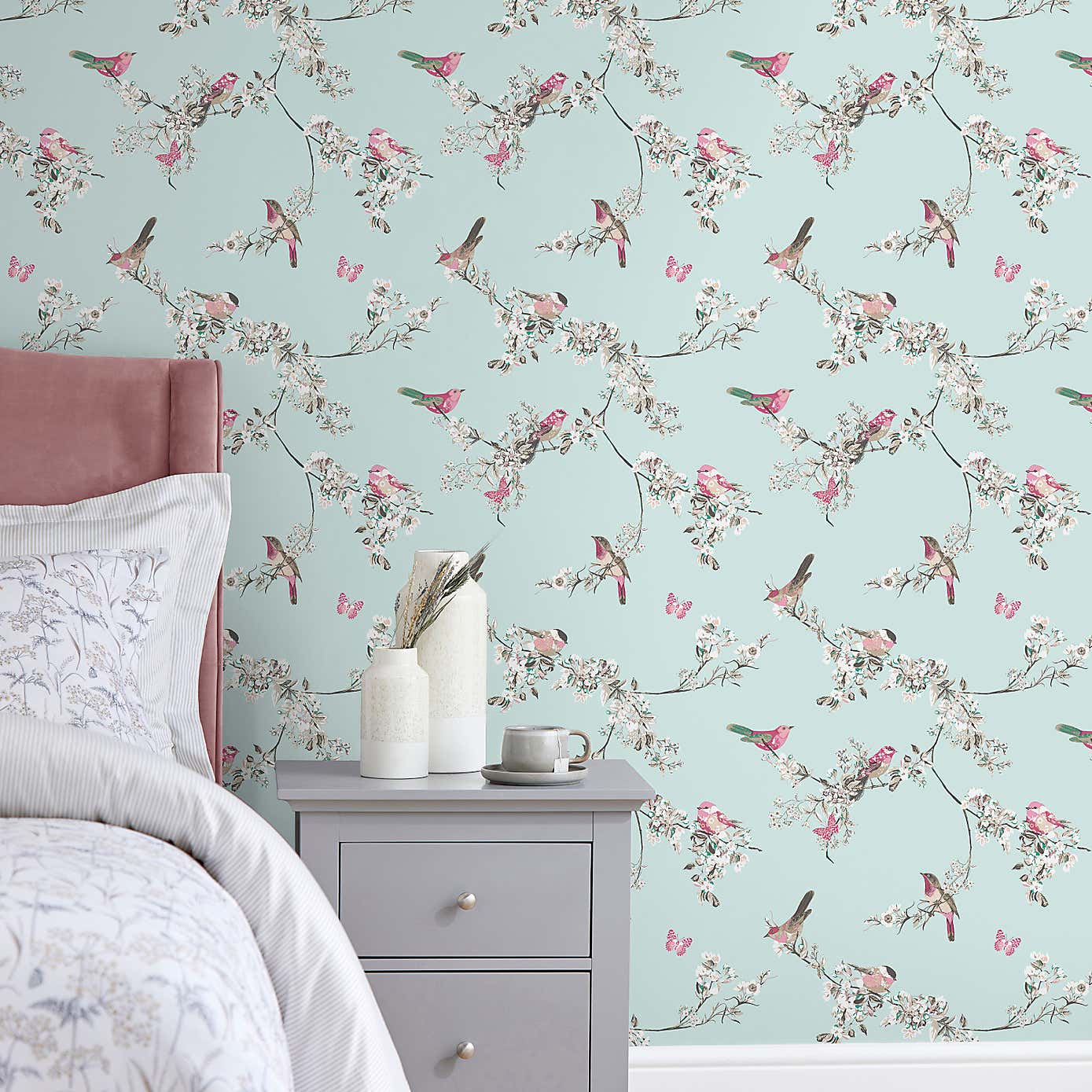 Beautiful Birds Duck-Egg Wallpaper