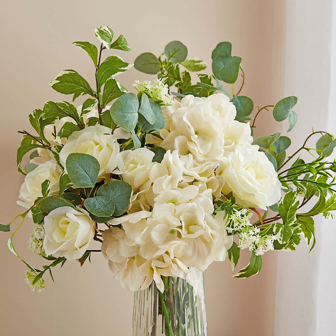 Artificial Peony Bouquet in Textured Glass Vase