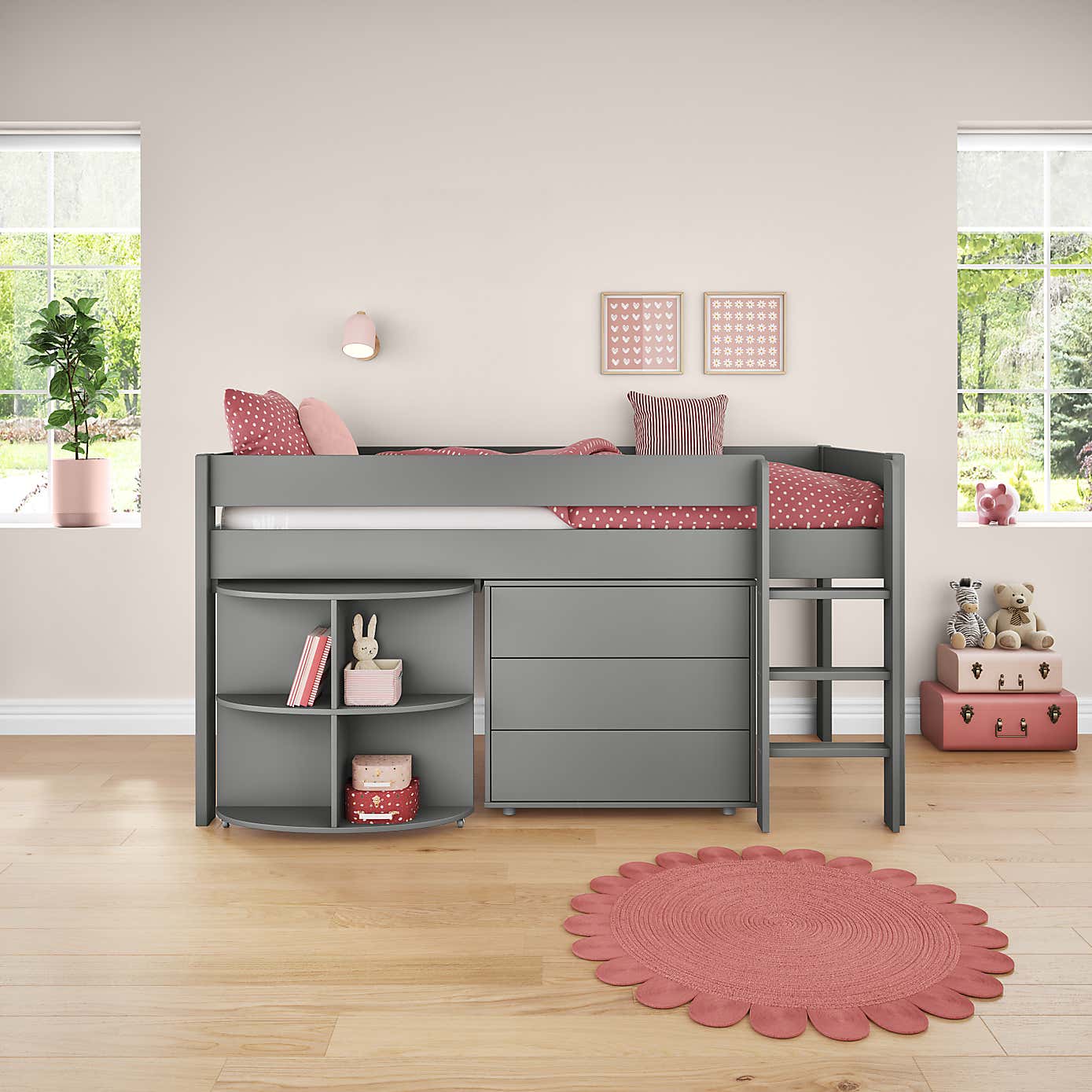 Stompa Uno Midsleeper With Pull Out Desk and Chest of Drawers, Pine