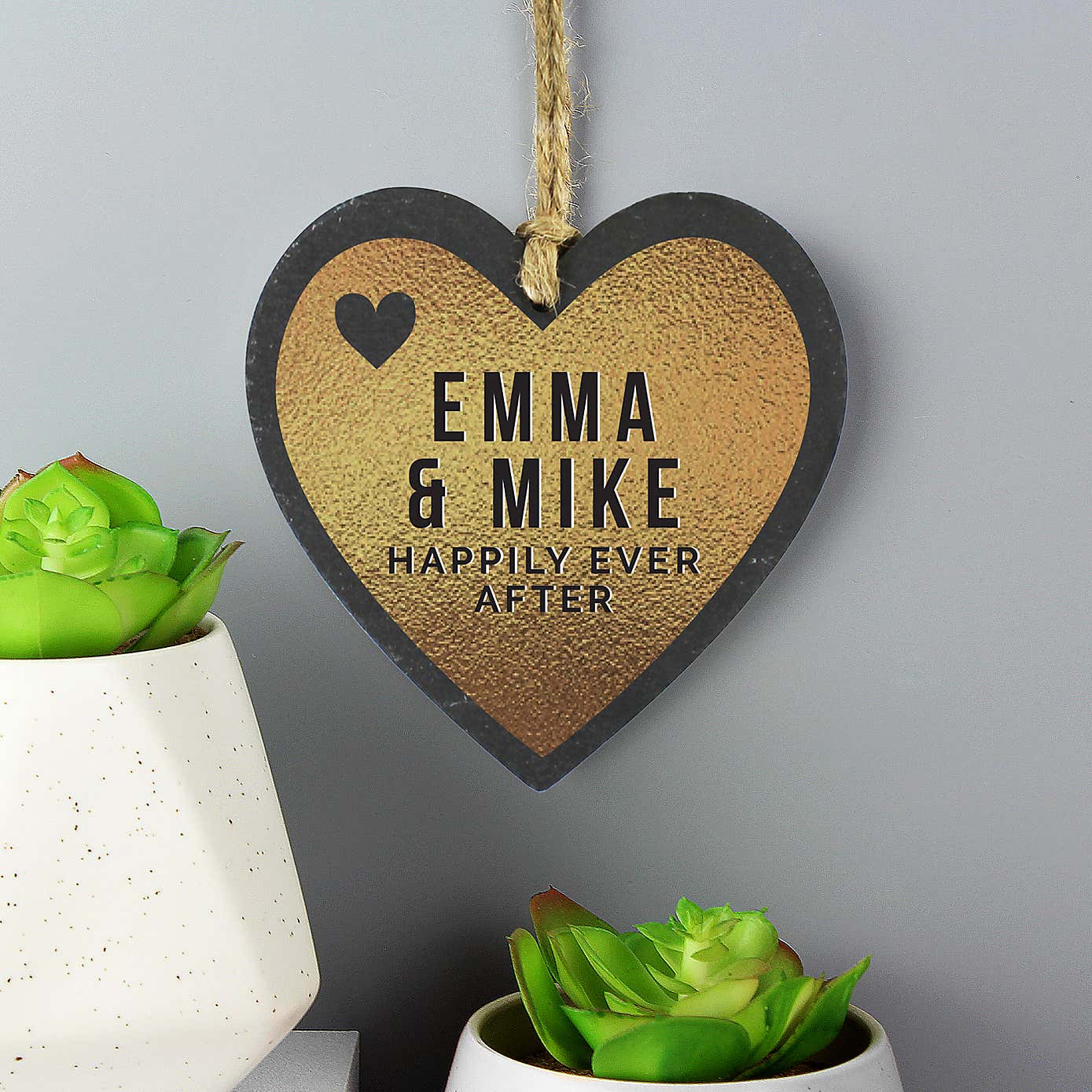 Personalised Couples Gold Printed Slate Heart Decoration