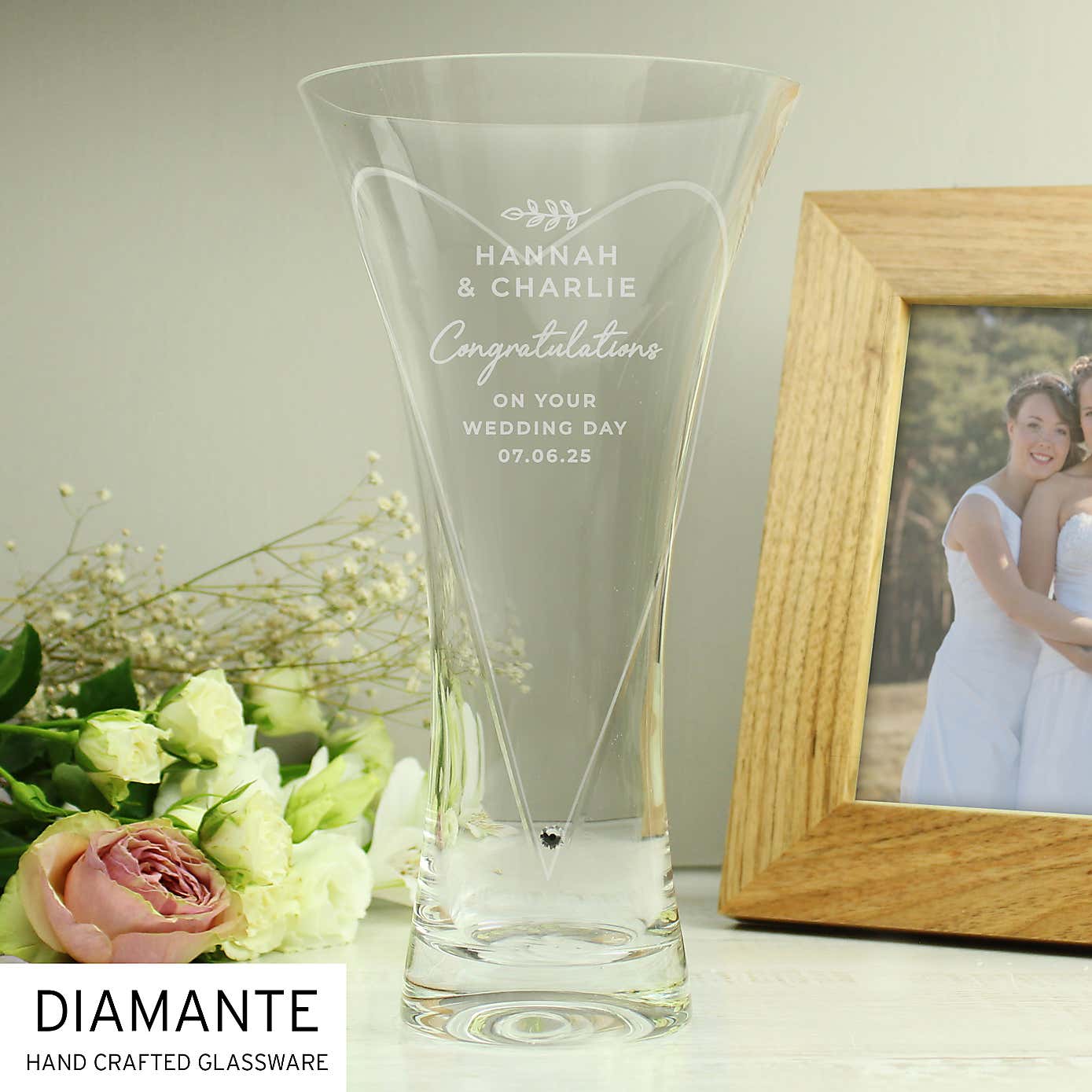 Personalised Botanical Hand Cut Diamante Heart Vase