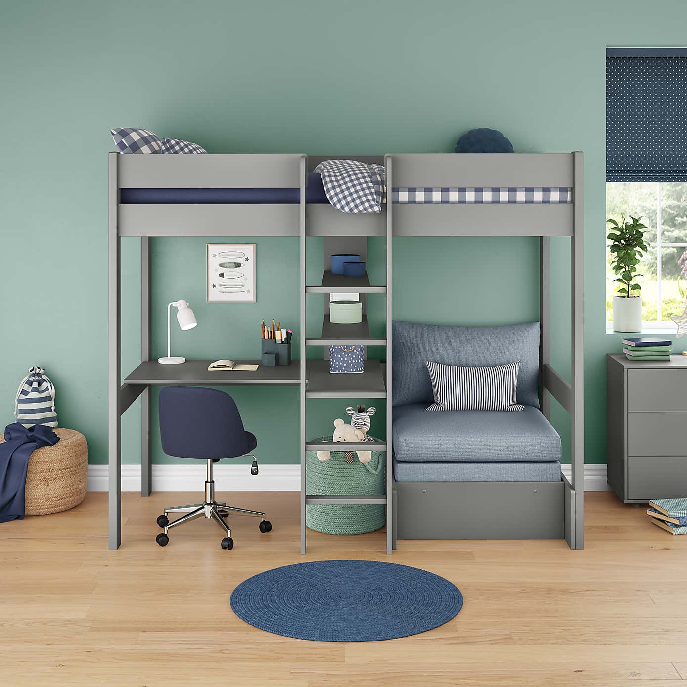 Stompa Uno Highsleeper With Chair Bed And Cushion Set, Pine