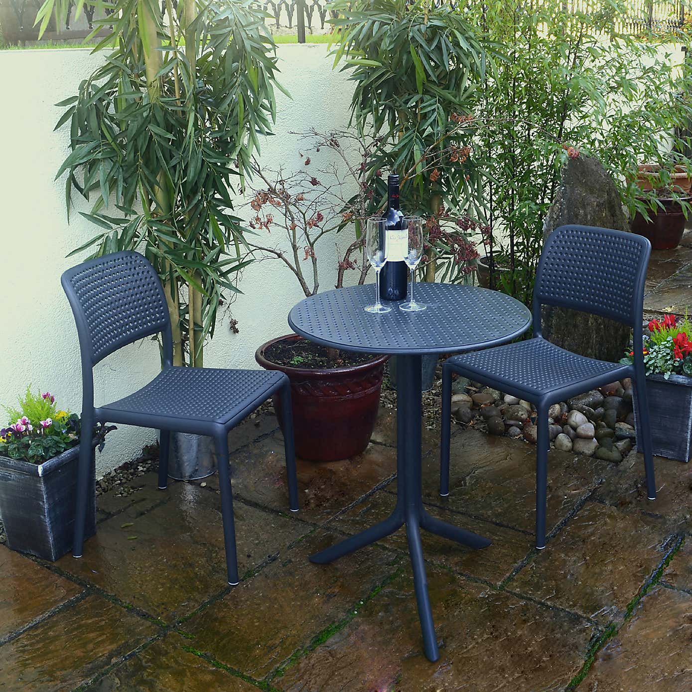 Dark Grey Step Table with 2 Bistro Chairs