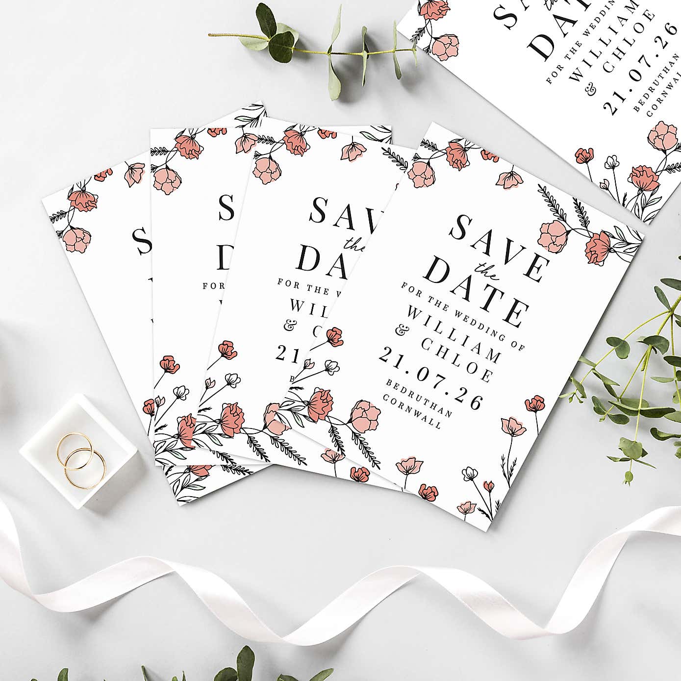 Pack of 36 Personalised Pink Floral Save the Date Cards