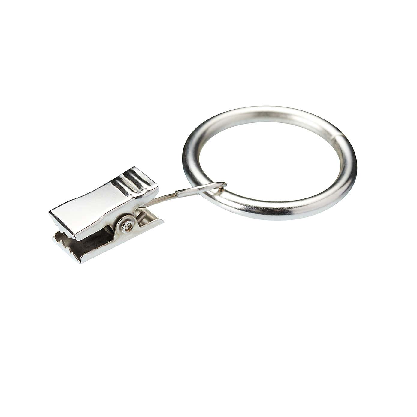 Pack of 6 Satin Steel Curtain Rings with Clips Dia. 25mm