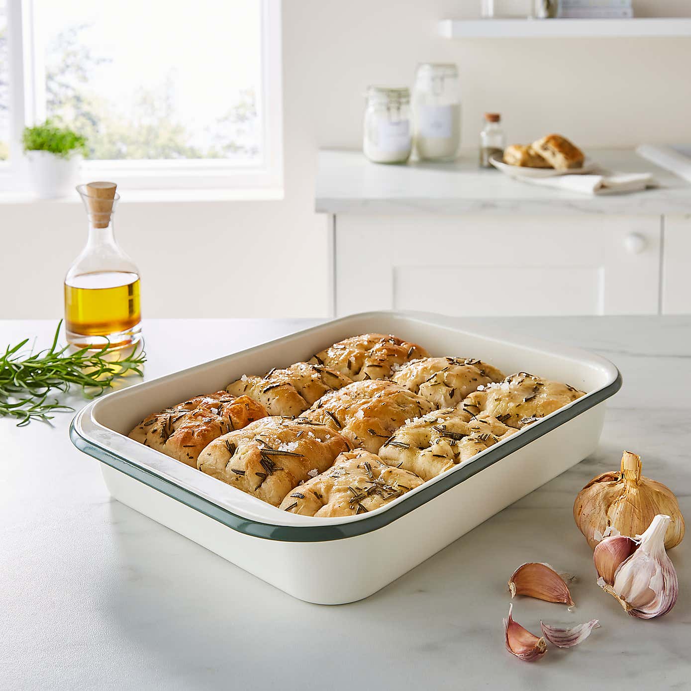 Large Enamel Baking Tray, Cream and Sage