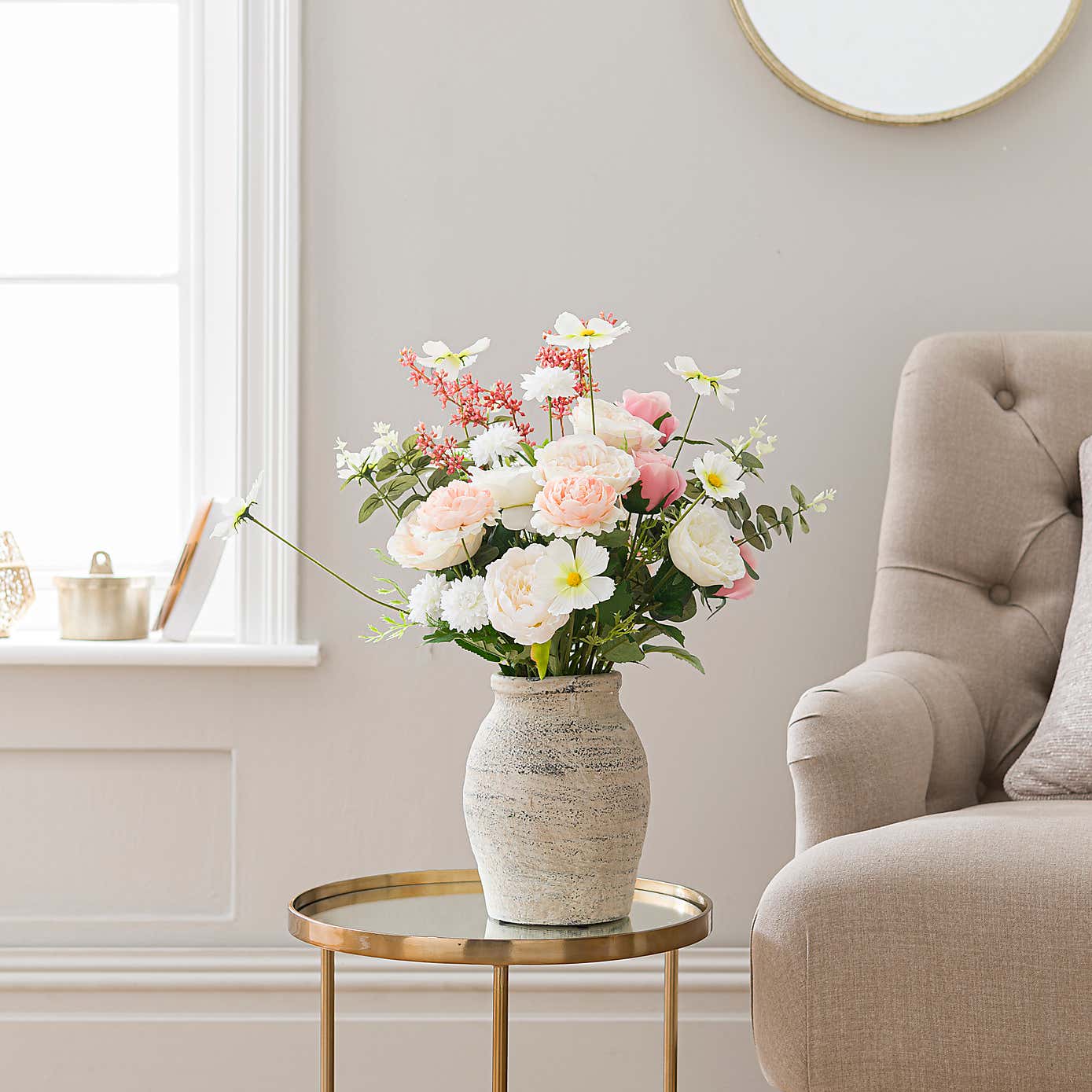 Artificial Rose Bouquet in Washed Grey Resin Vase