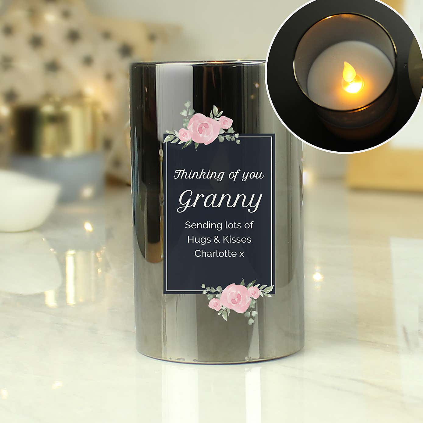 Personalised Floral Smoked Glass LED Candle