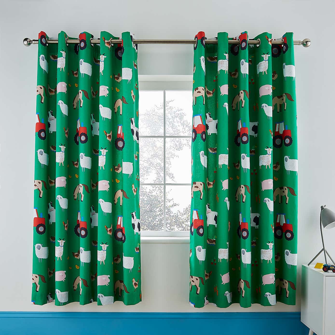 Catherine Lansfield Farmyard Animals Green Eyelet Curtains