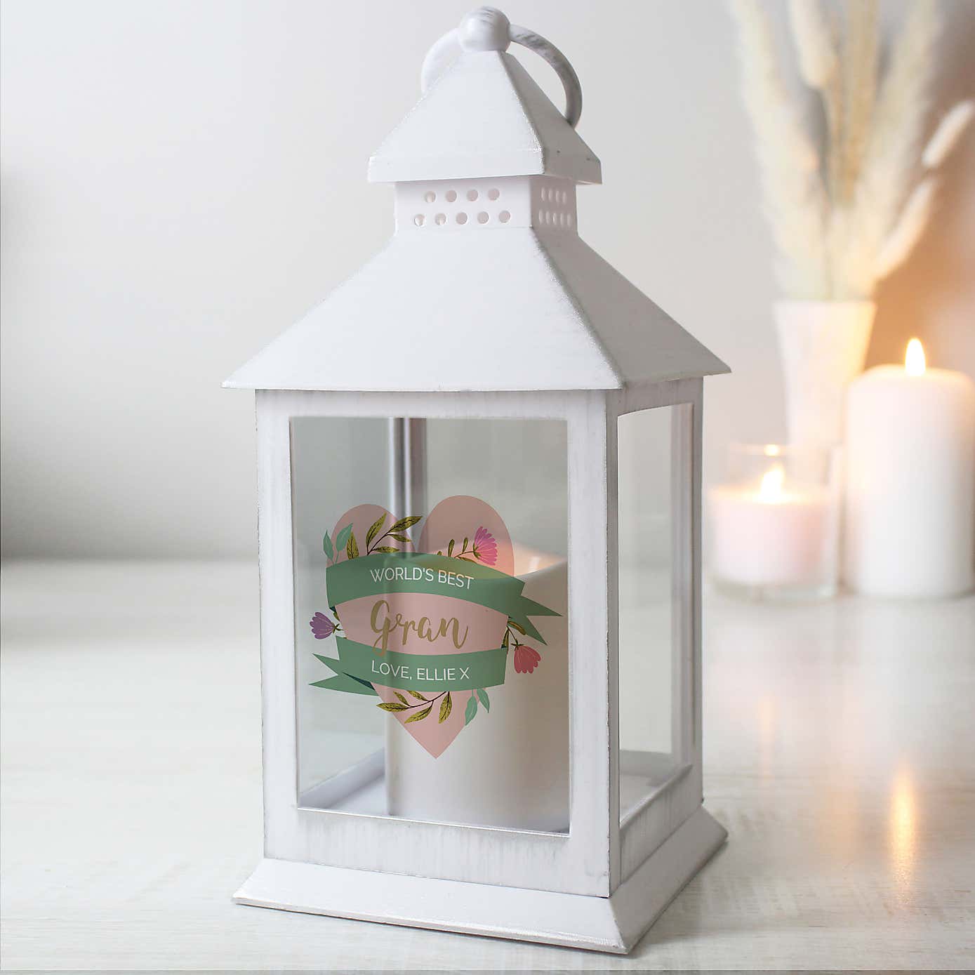 Personalised Floral Heart White Lantern