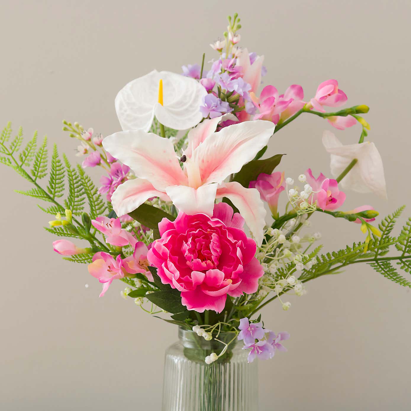 Artificial Tiger Lily Bouquet in Ribbed Glass Vase