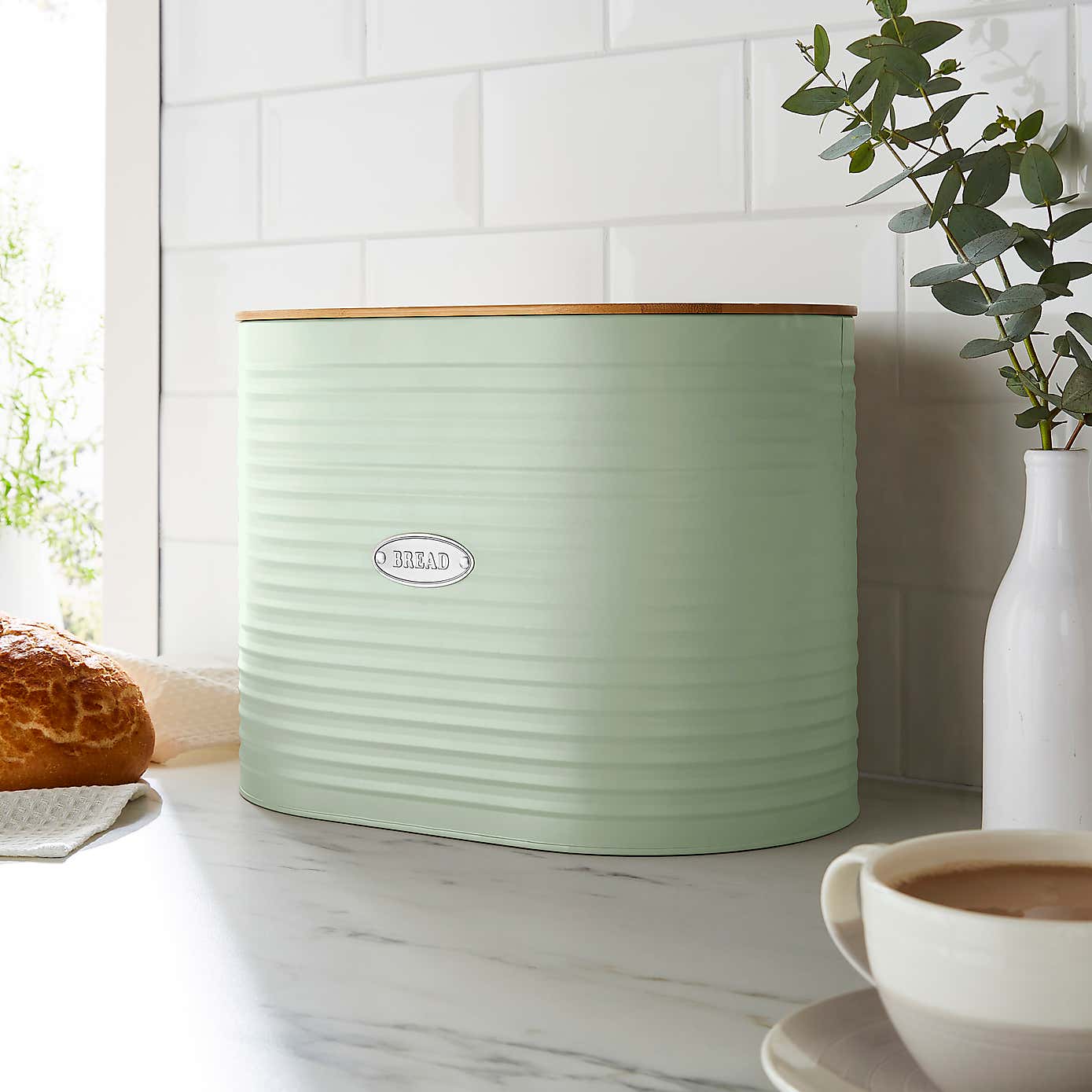 Metal Bread Bin with Badge Sage