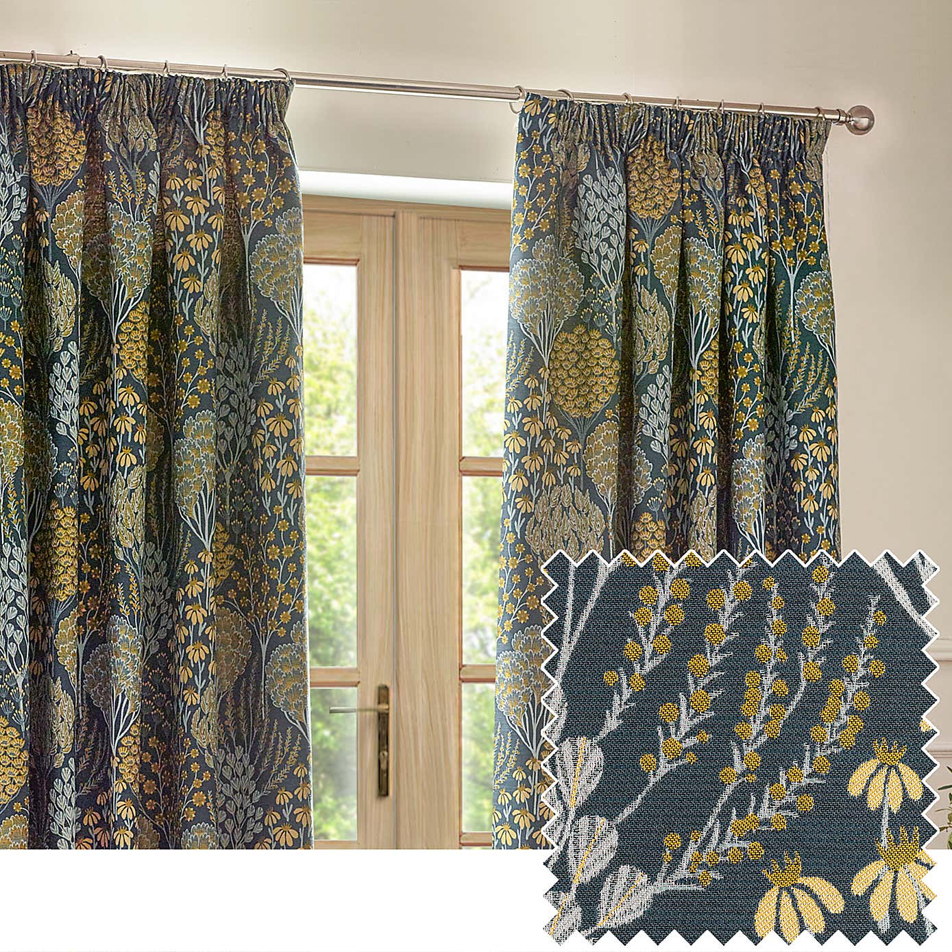Ophelia Blue Saffron Pencil Pleat Curtains