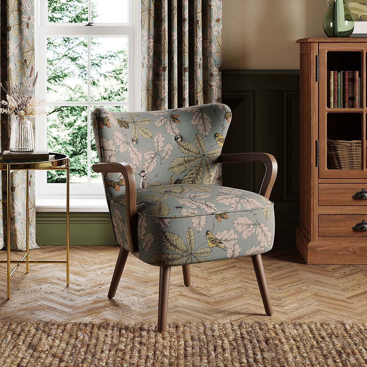 Eliza Wooden Armchair, Flatweave Arboretum Print