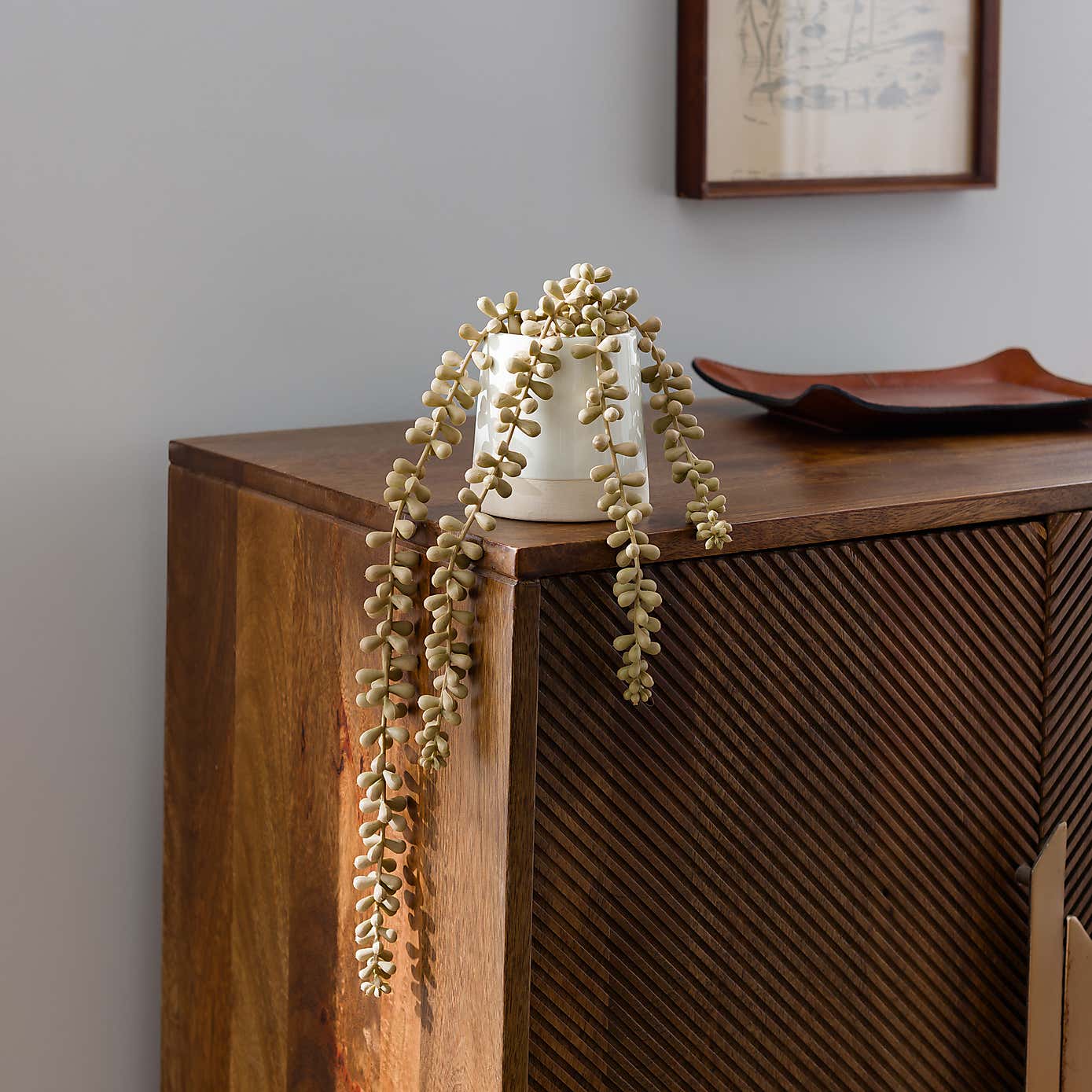 Artificial Trailing String of Pearls Plant in Textured Ceramic Plant Pot