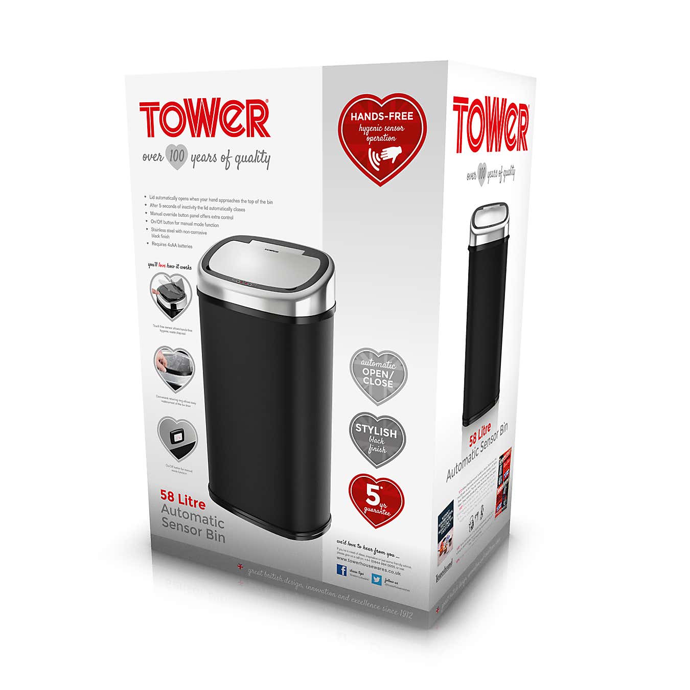 Tower 58 Litre Black Square Sensor Bin