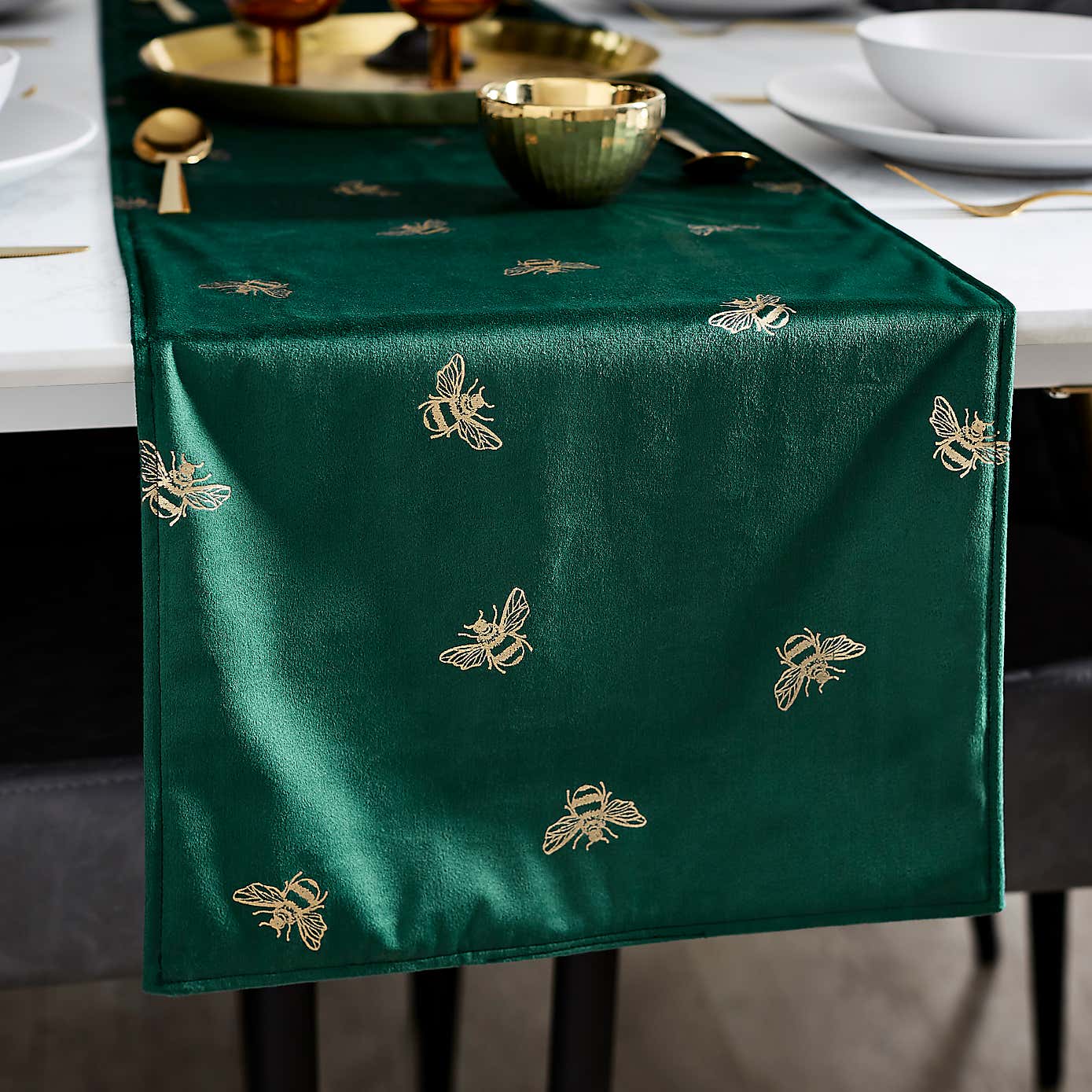 Bees Velvet Green Table Runner 35cm x 178cm
