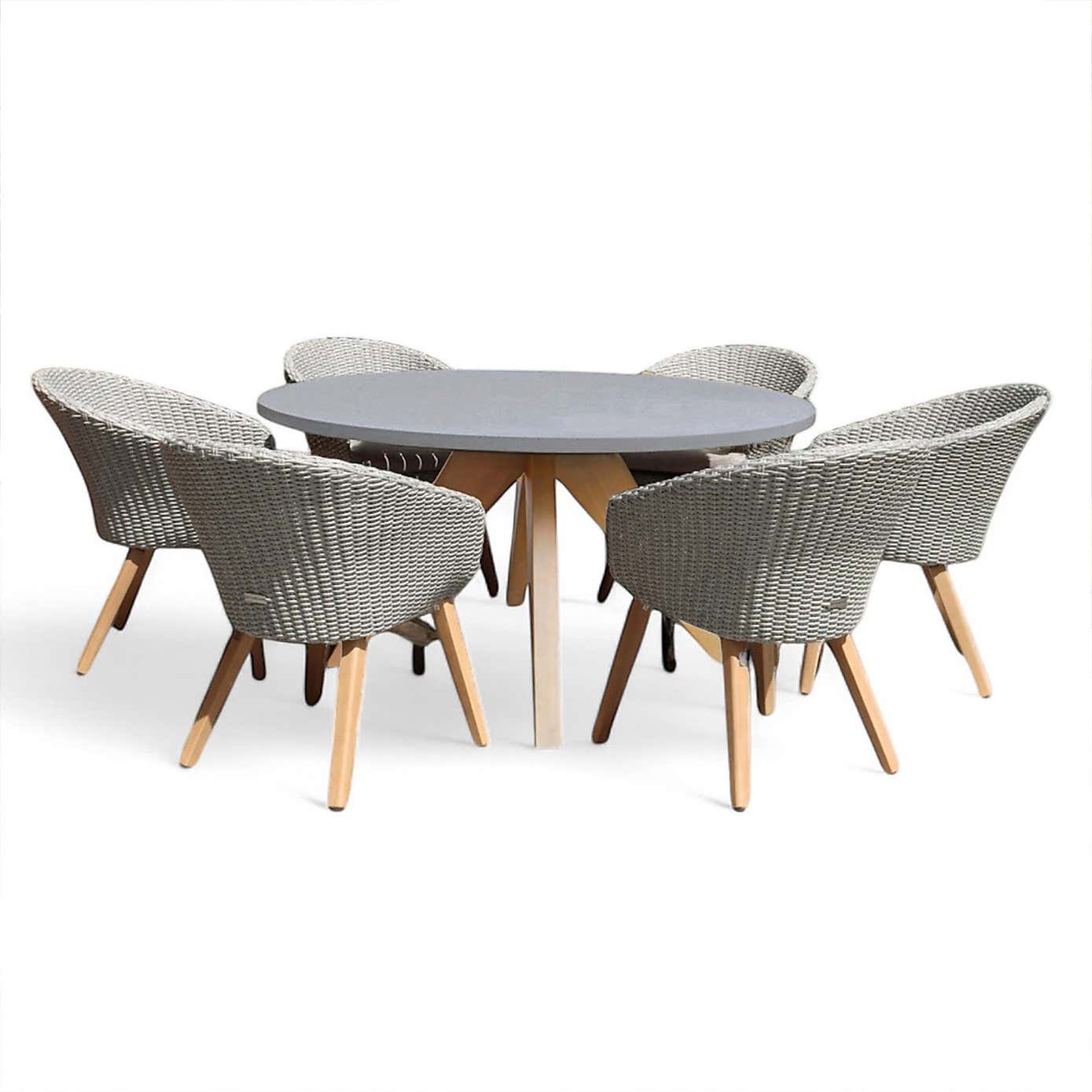 A.Mir Luna Round Outdoor Concrete Dining Table with 6 Sol Dining Chairs
