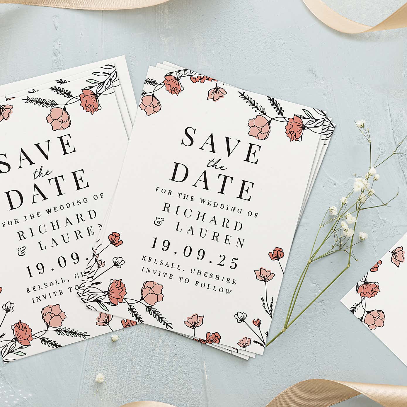 Pack of 36 Personalised Pink Floral Save the Date Cards
