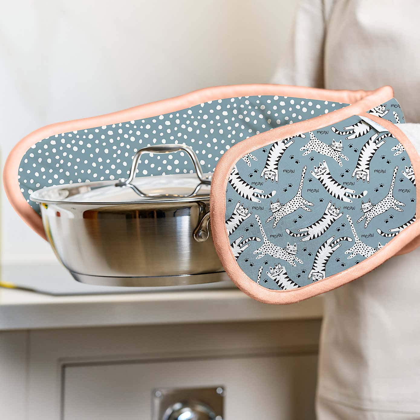 Dexam Meow Blue Cotton Double Oven Gloves