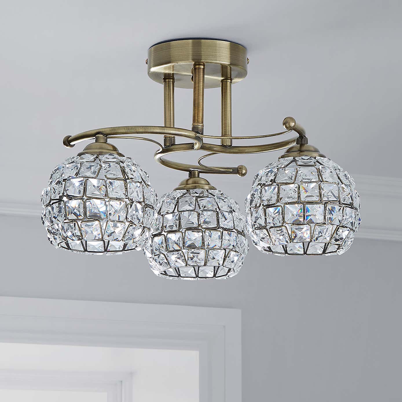 Bergen 3 Light Crystal Antique Brass Ceiling Fitting