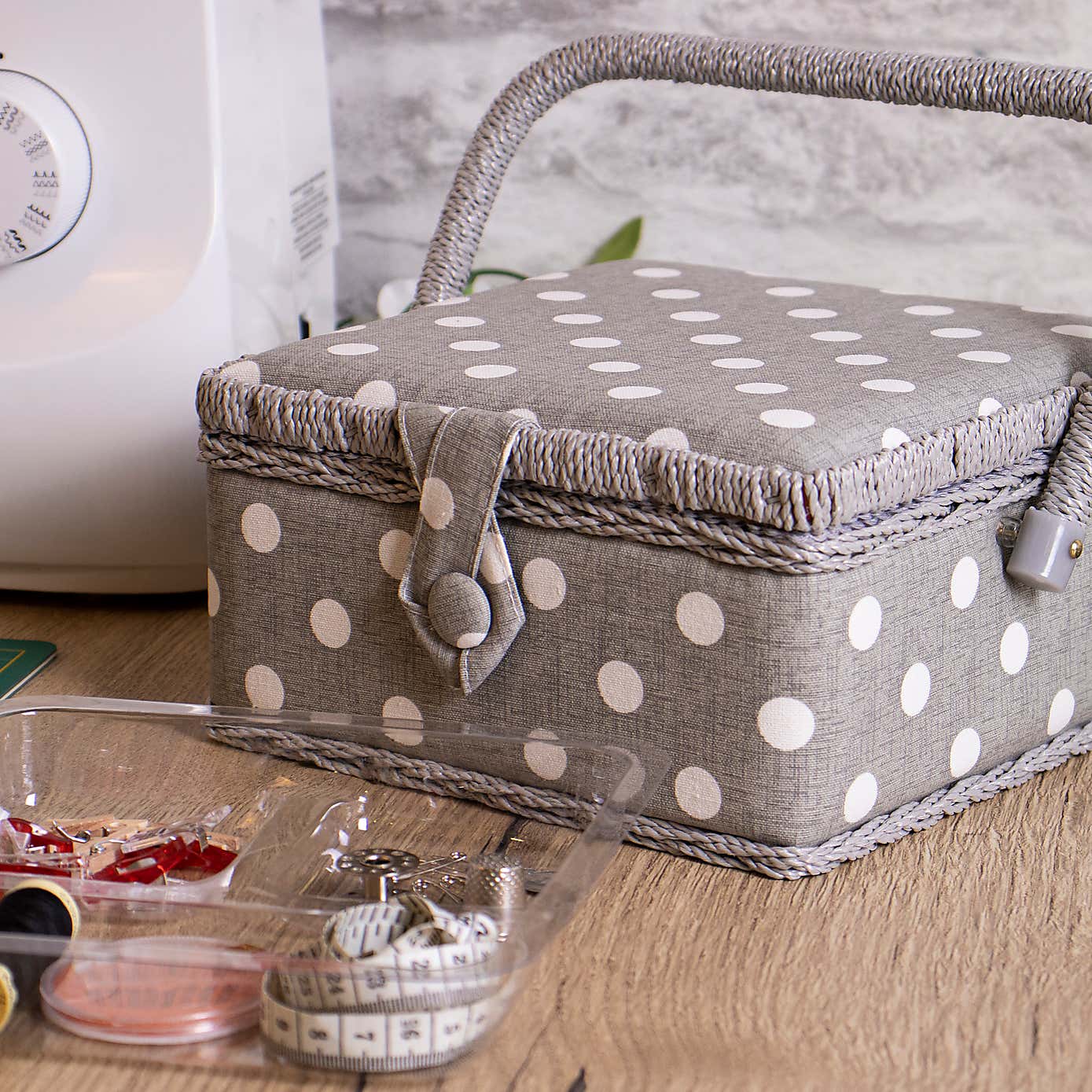 Grey Polka Dot Small Sewing Box