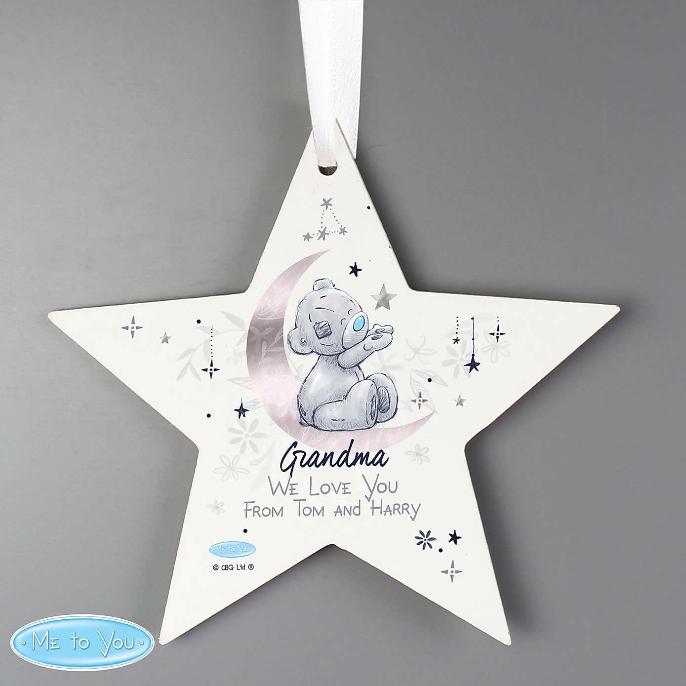 Personalised Moon and Stars Me To You Wooden Star Decoration