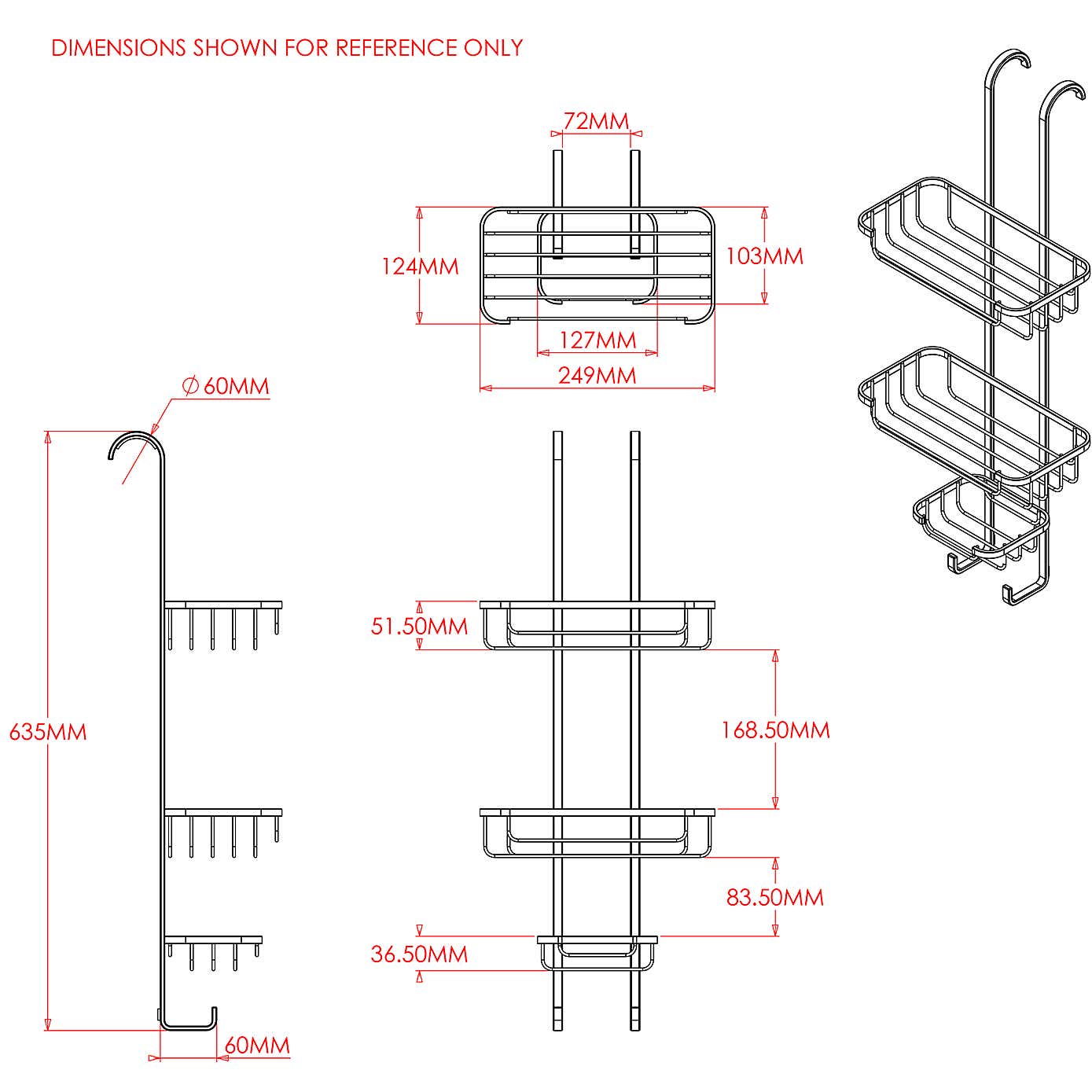 Rust-Free Hook Over 3 Tier Basket Caddy