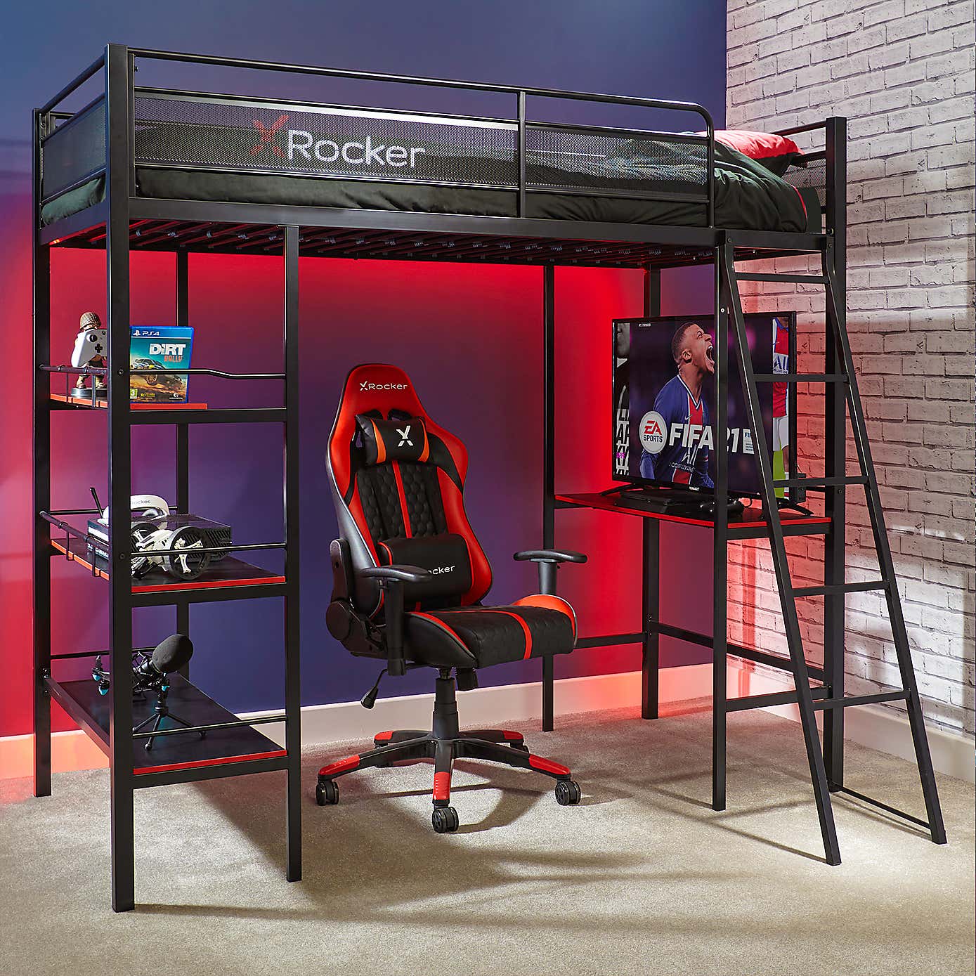 X Rocker Fortress Gaming High Sleeper Bunk Bed with Shelves & Desk