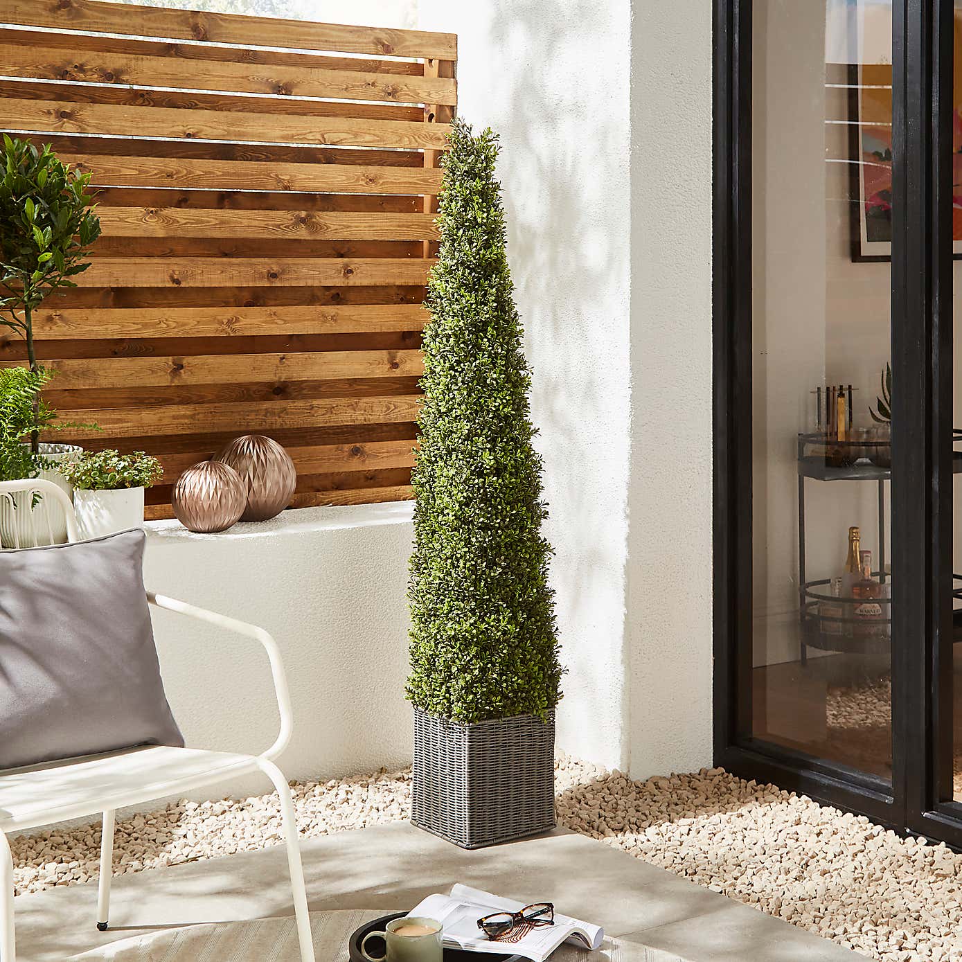 Artificial Boxwood Cone Shaped Tree in Woven Plant Pot