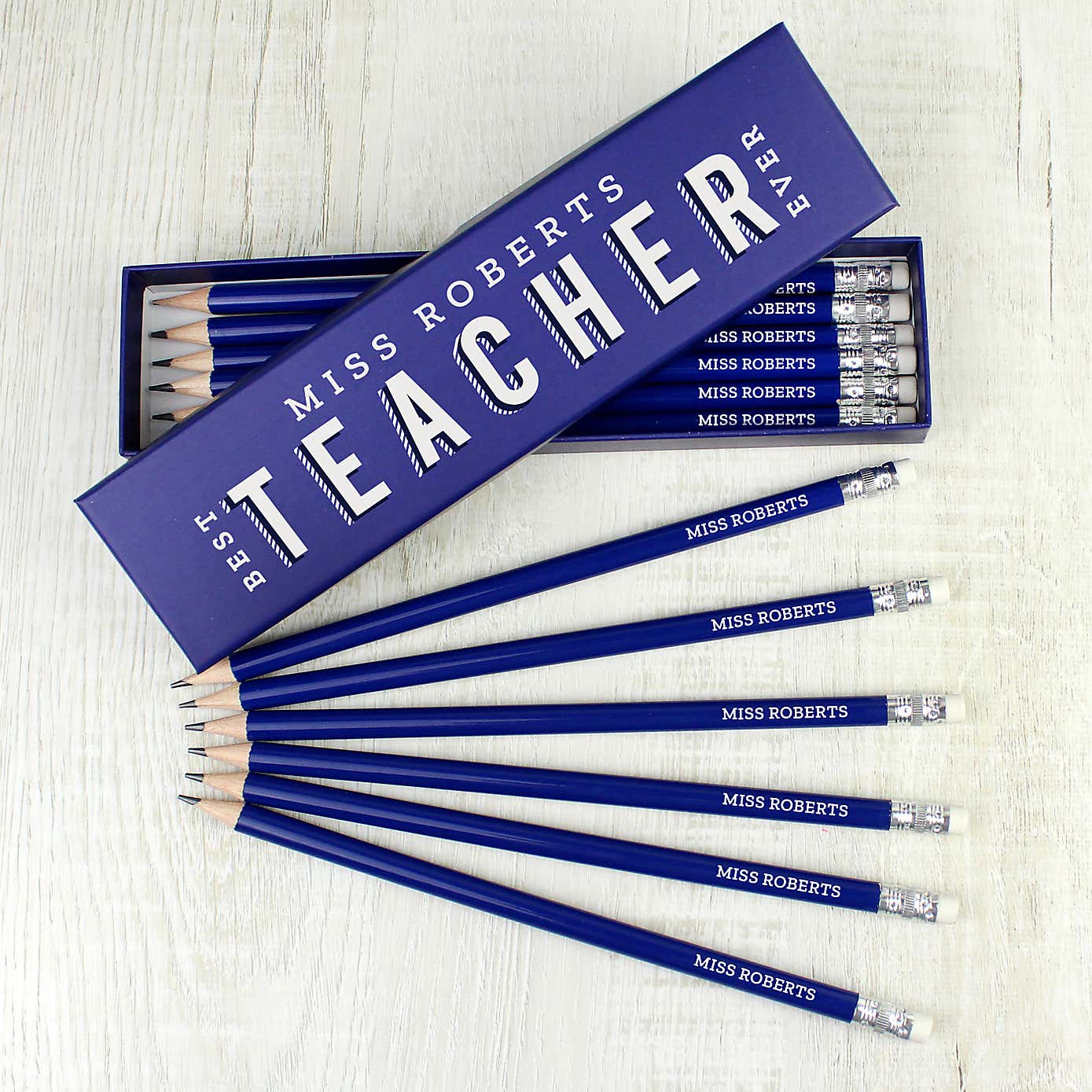 Personalised Best Teacher Ever Box and 12 HB Pencils