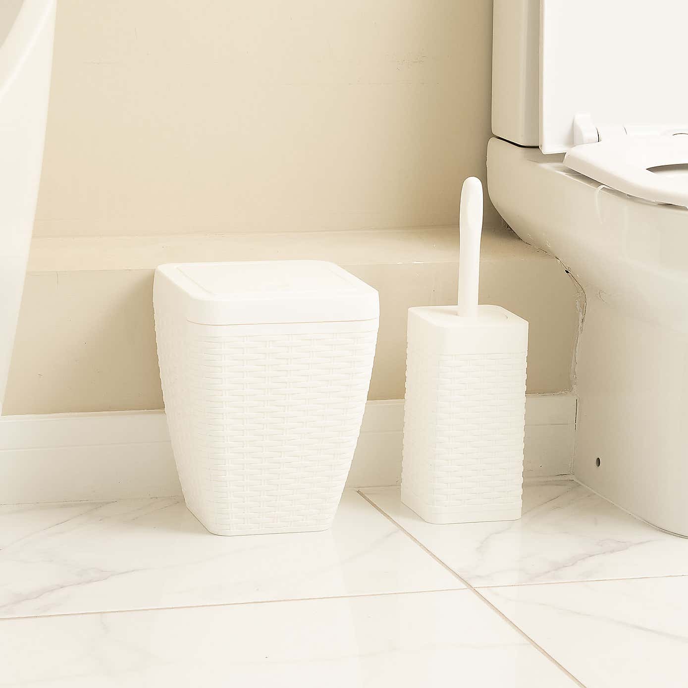 Addis Rattan White Toilet Brush & Bin Set
