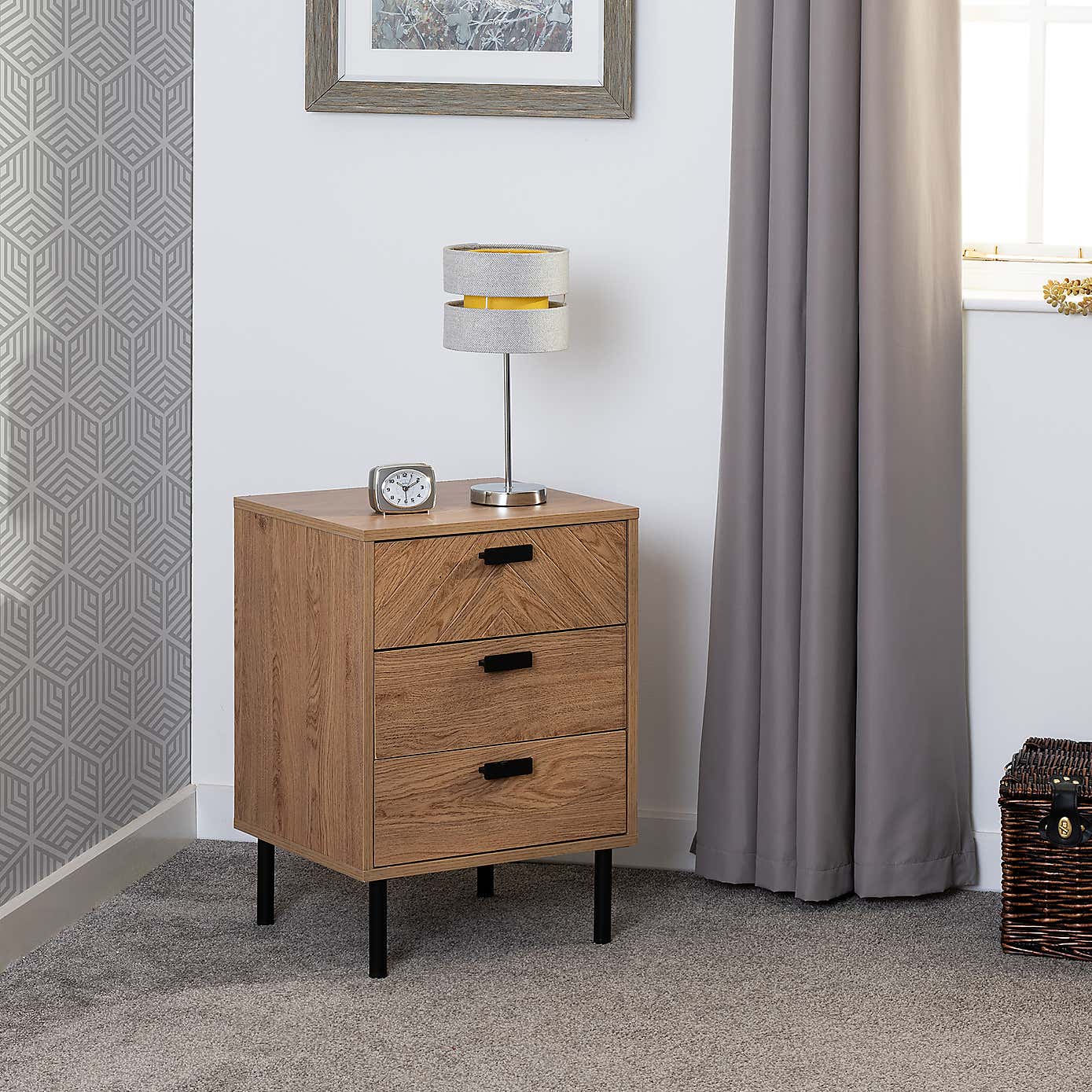 Leon 3 Drawer Bedside Table, Oak Effect
