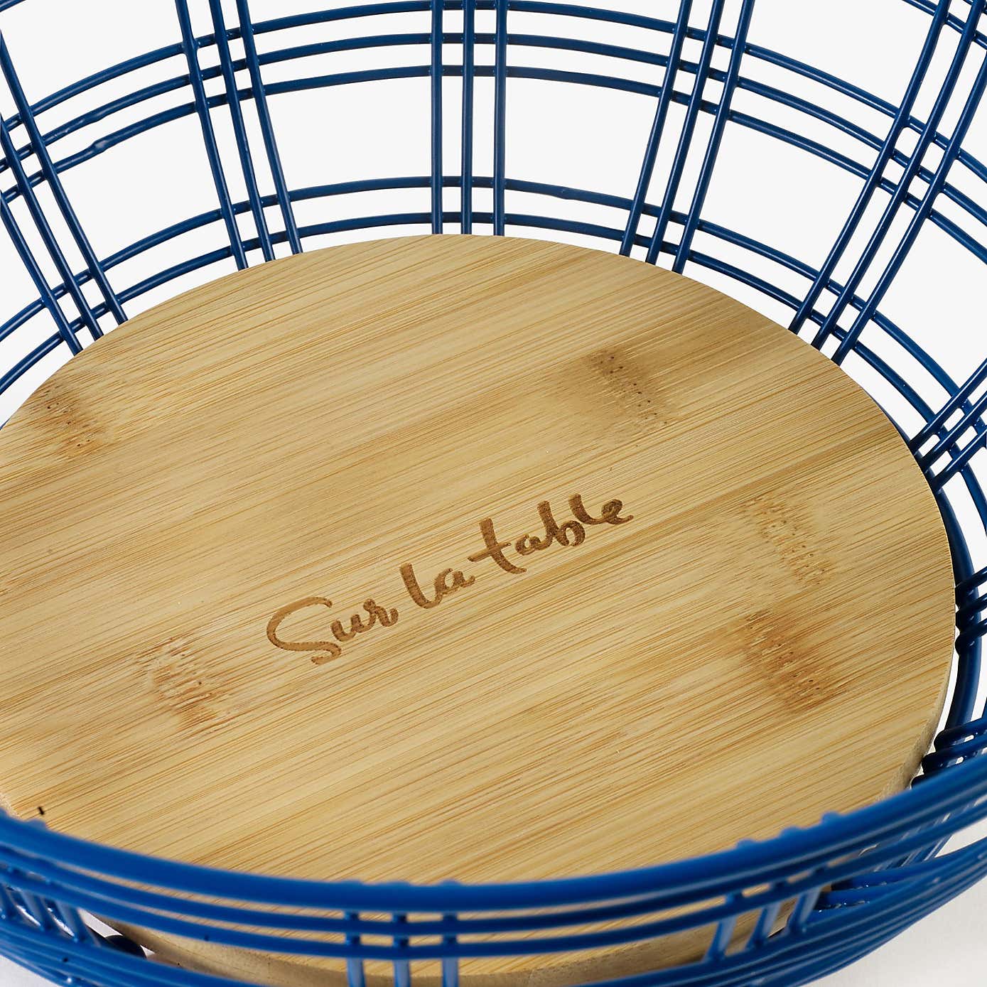 Sur La Table Bamboo and Blue Wire Fruit Bowl