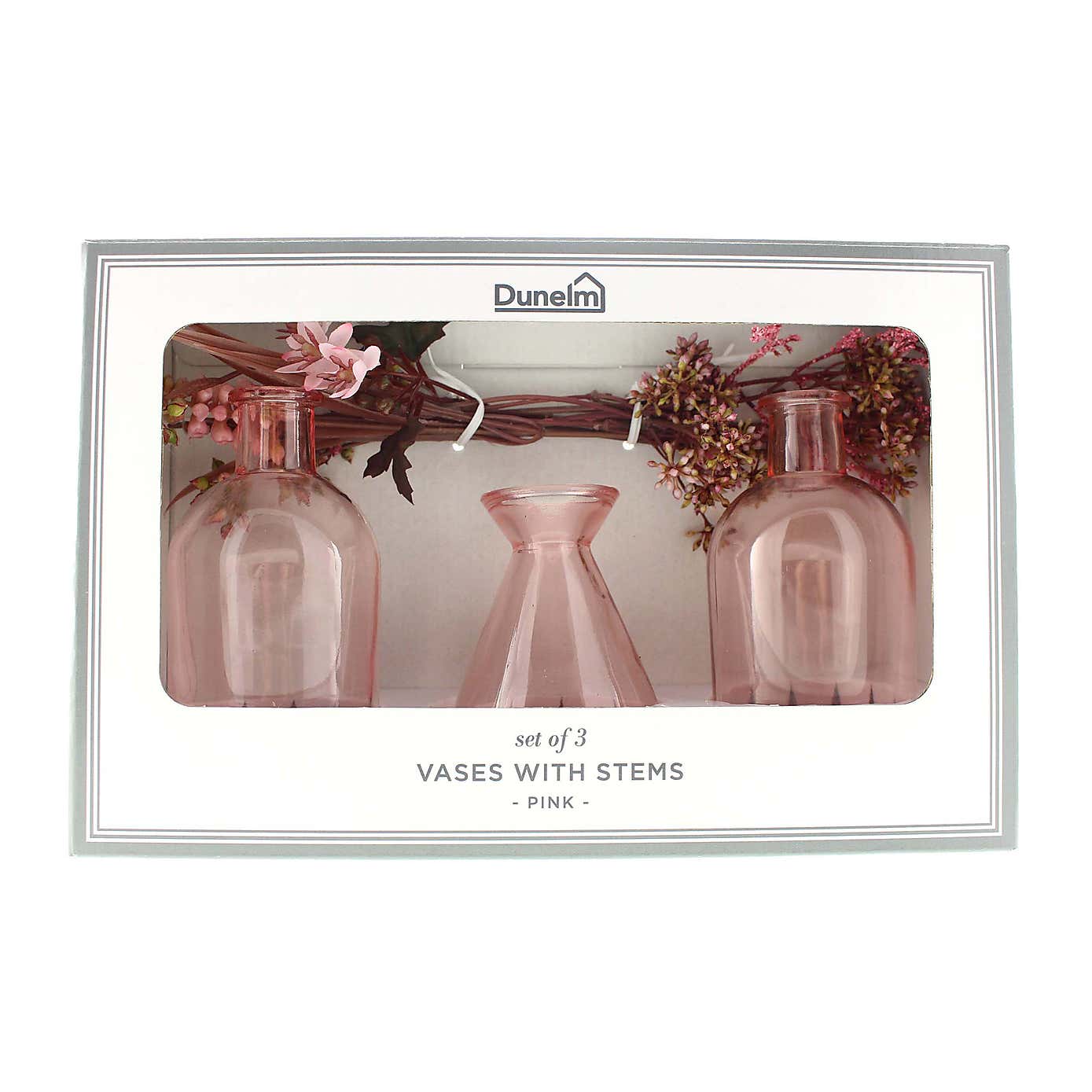 Set of 3 Artificial Pretty Boho Stems in Pink Glass Vases