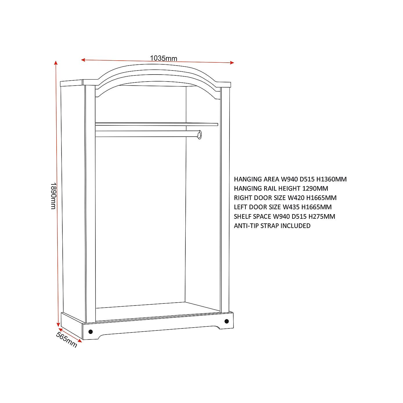 Corona Pine Curved Top Wardrobe