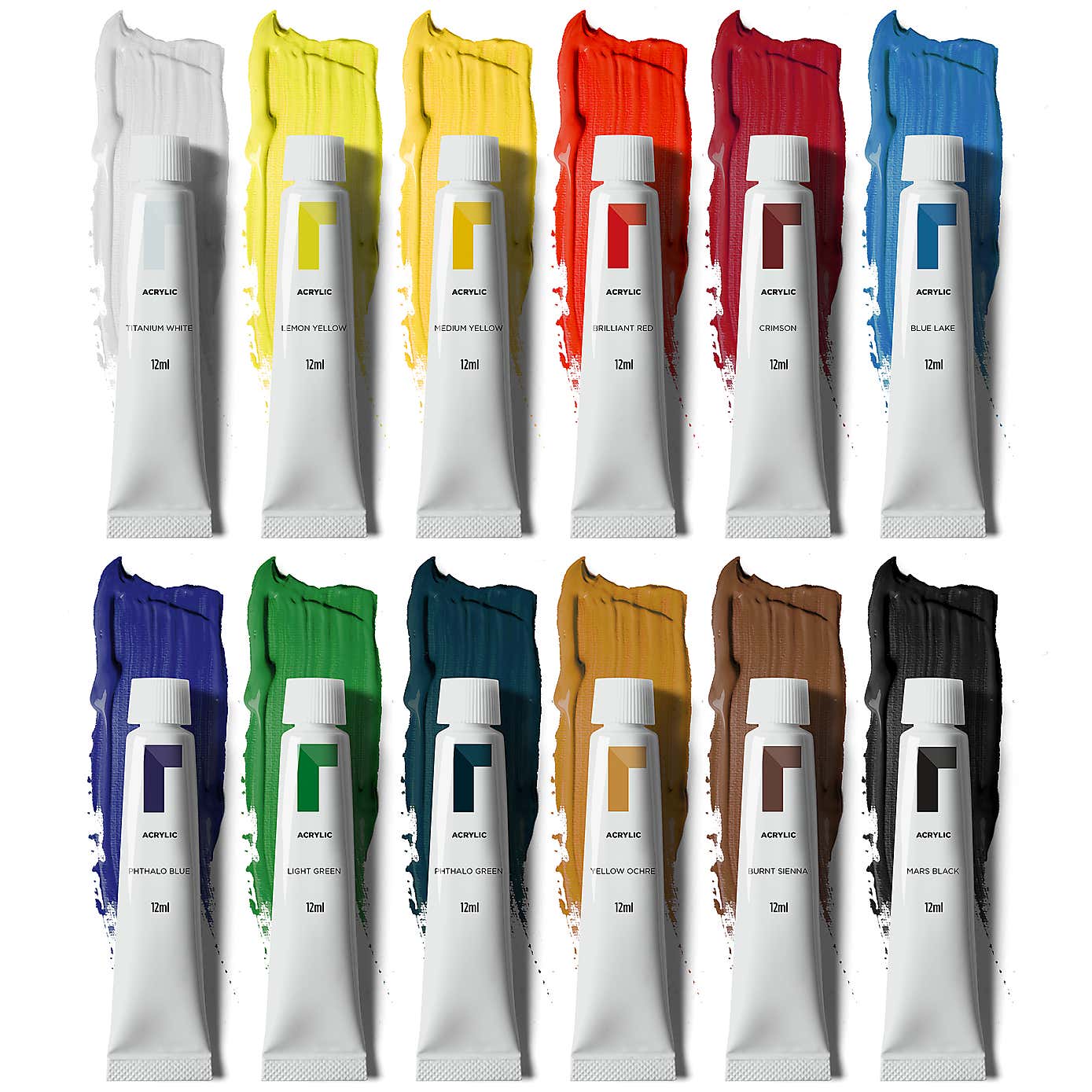 Reeves 12 x 12ml Assorted Colour Acrylic Paint Tubes