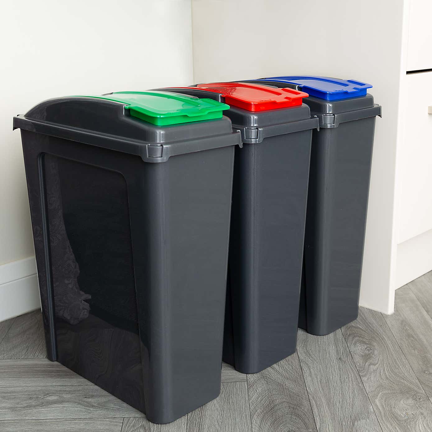 Wham 25L Set of 3 Recycling Bins with Red, Blue, & Green Lids