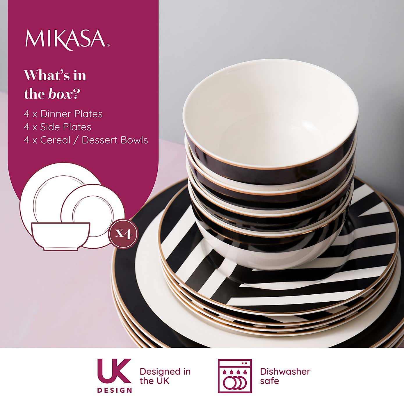 Mikasa Luxe Deco 12 Piece Black & White Clay Dinner Set