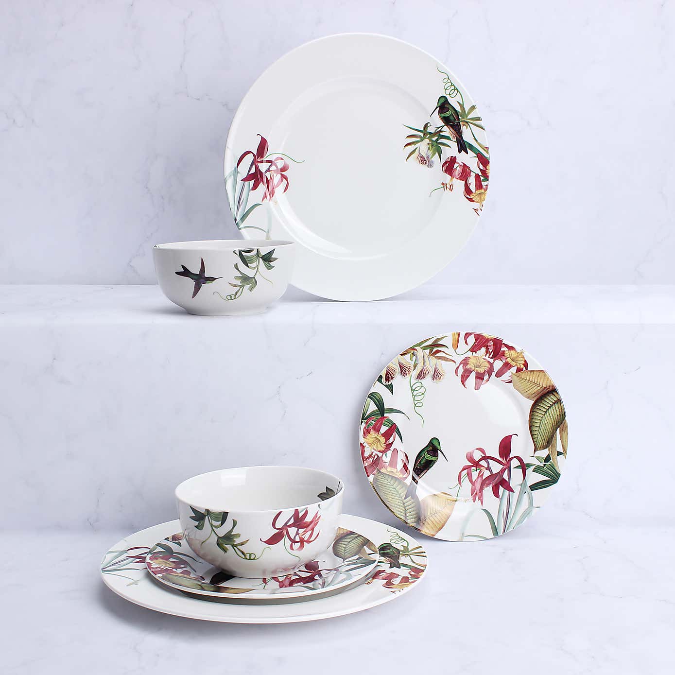 12 Piece Botanical Bird Dinner Set
