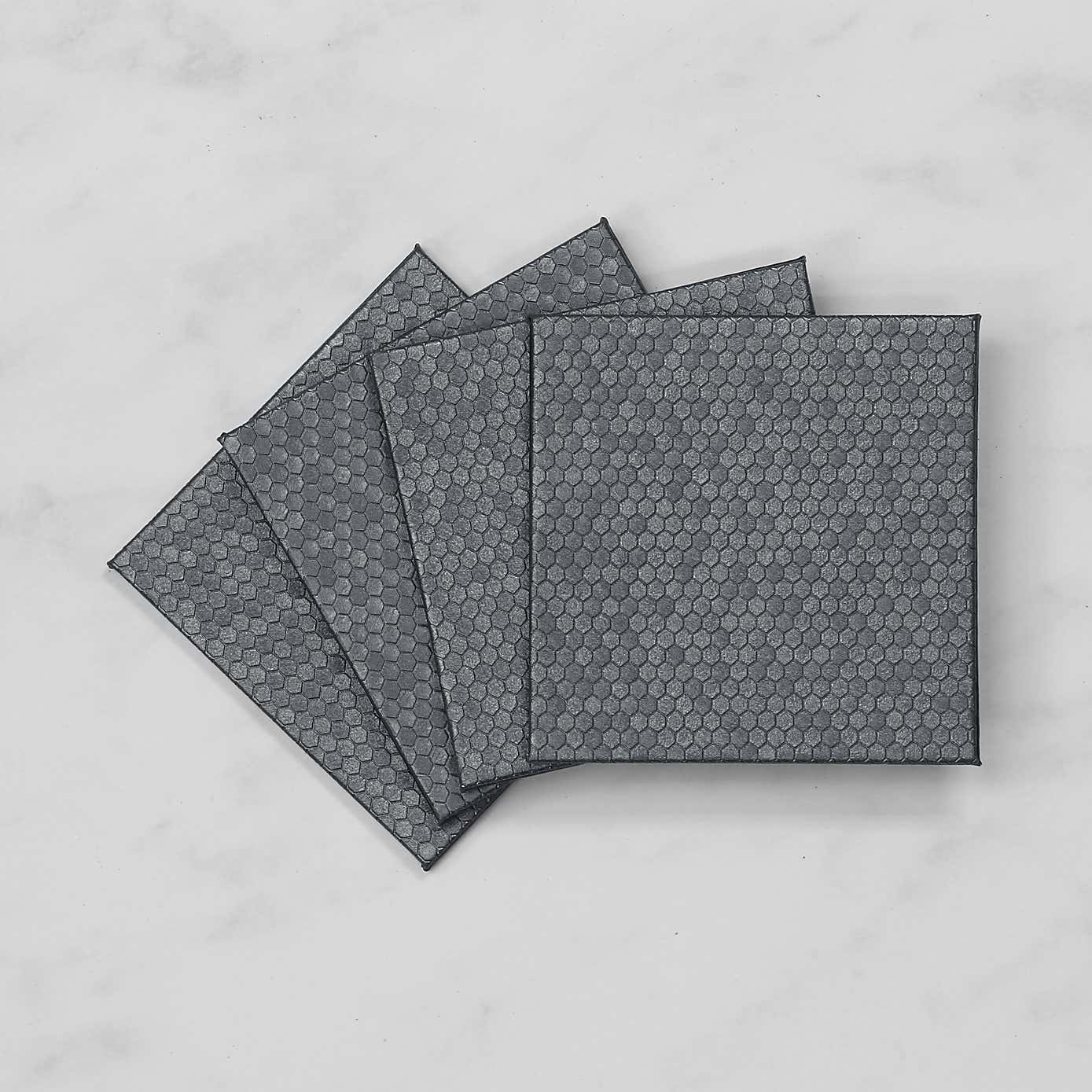 Set of 4 Silver Honeycomb Faux Leather Coasters