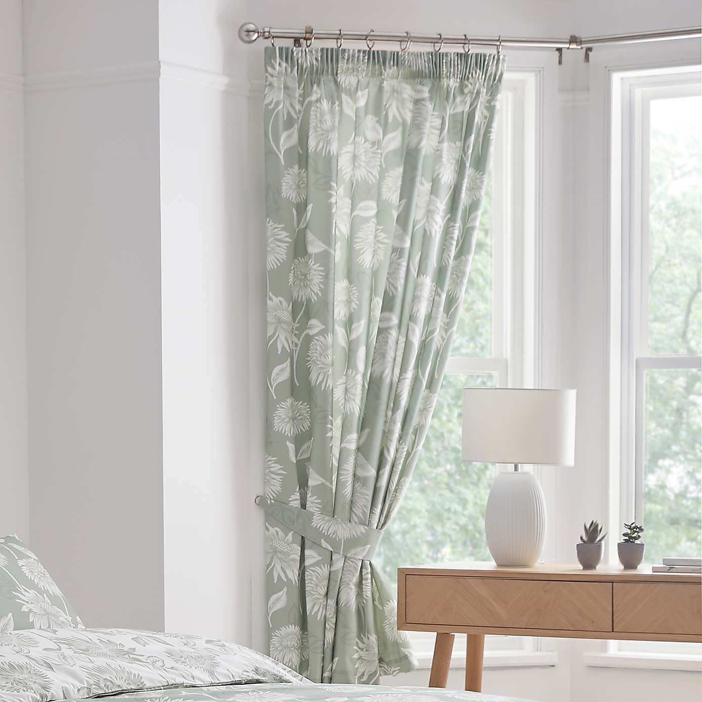 Chrysanthemum Green 168 x 183cm Pencil Pleat Curtains With Tie Backs