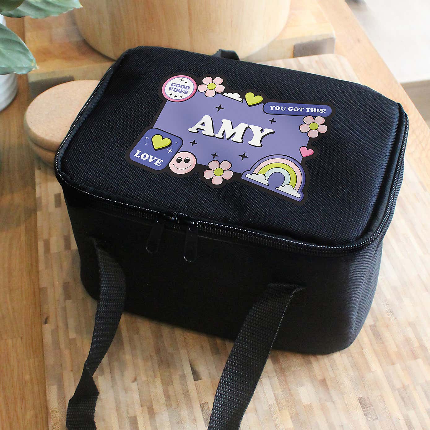 Personalised Black Good Vibes Lunch Bag