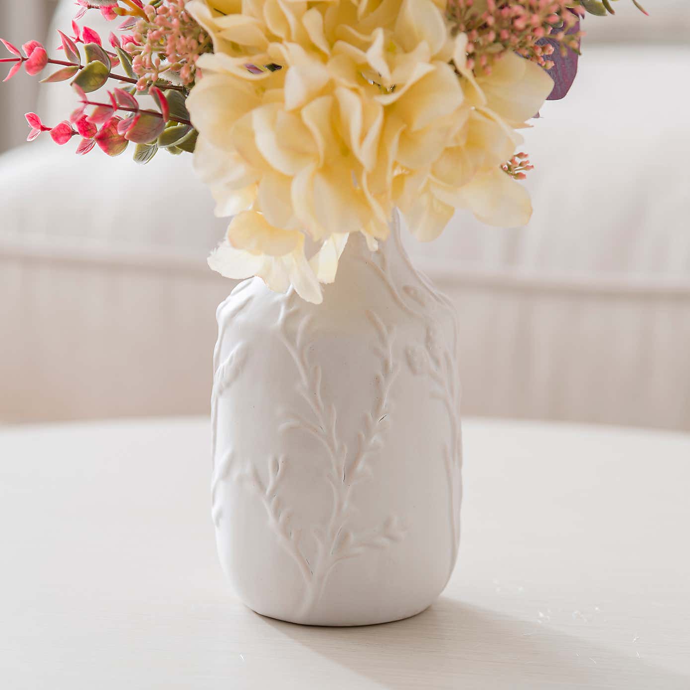 Artificial Hydrangea & Foliage Bouquet in Textured White Floral Vase