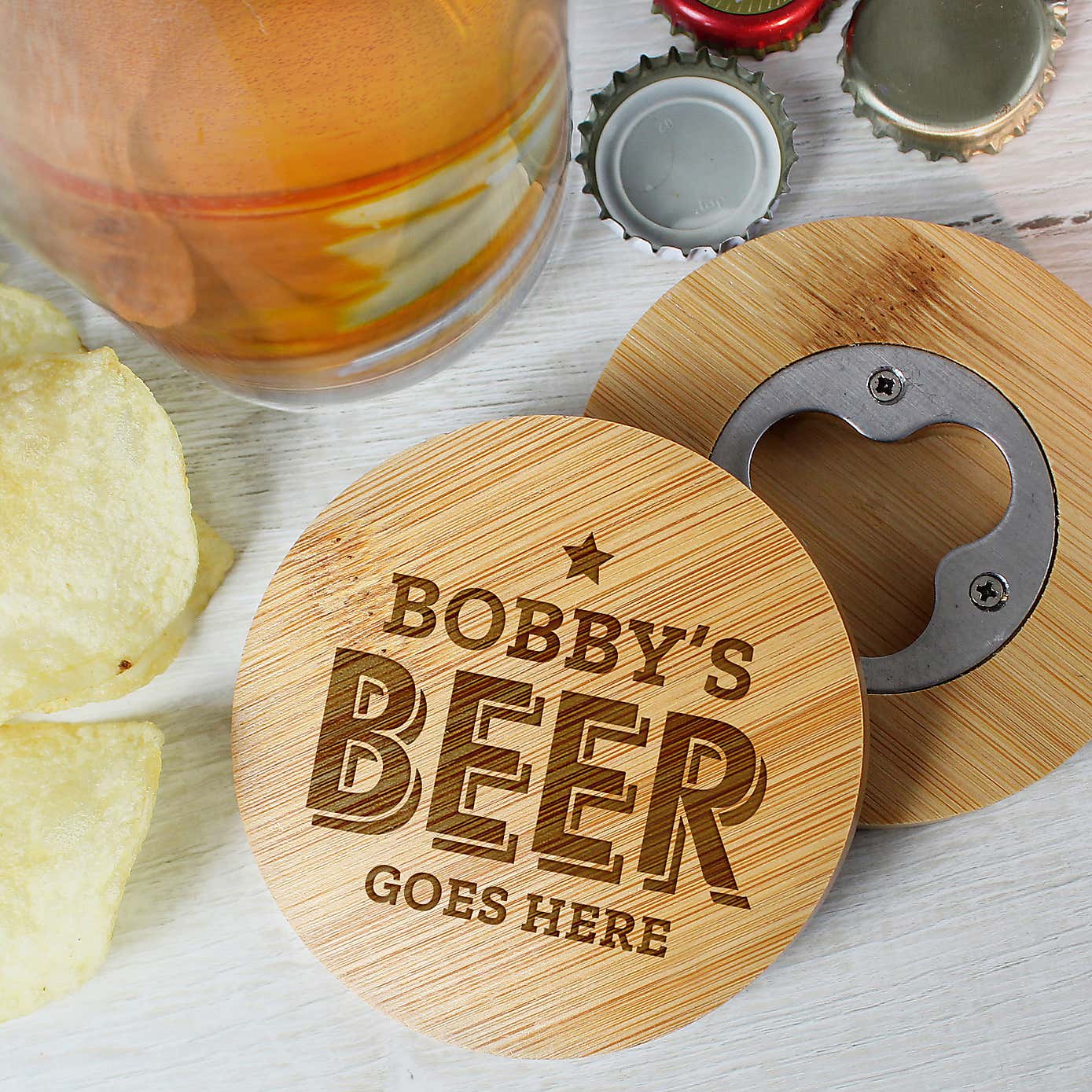 Personalised Beer Goes Here Bamboo Coaster with Hidden Bottle Opener