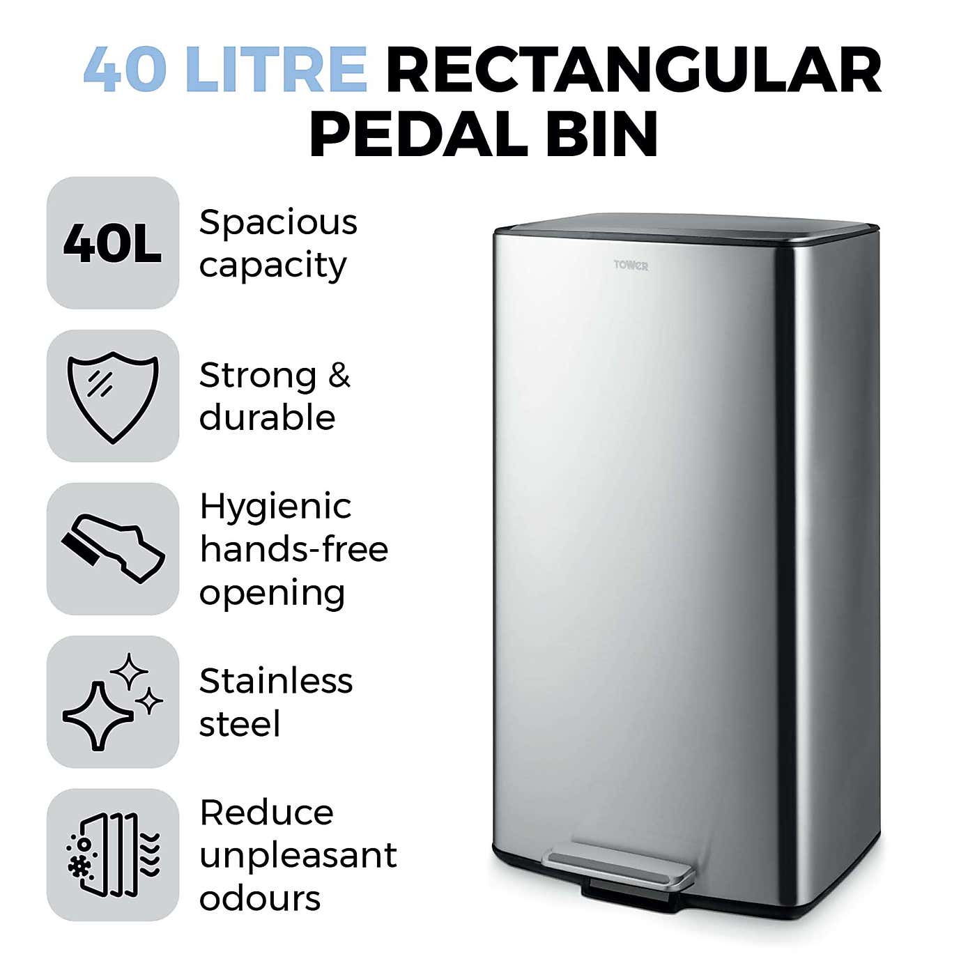 Tower 40L Rectangular Pedal Bin