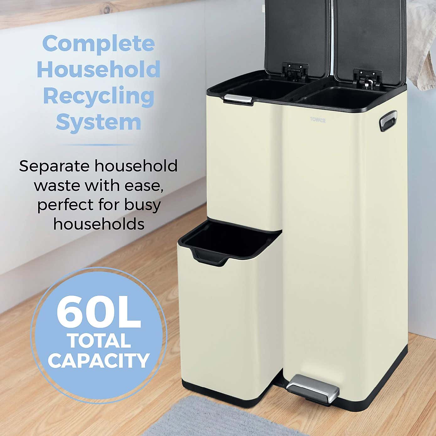 Tower 60L Recycling Pedal Bin with Drawer