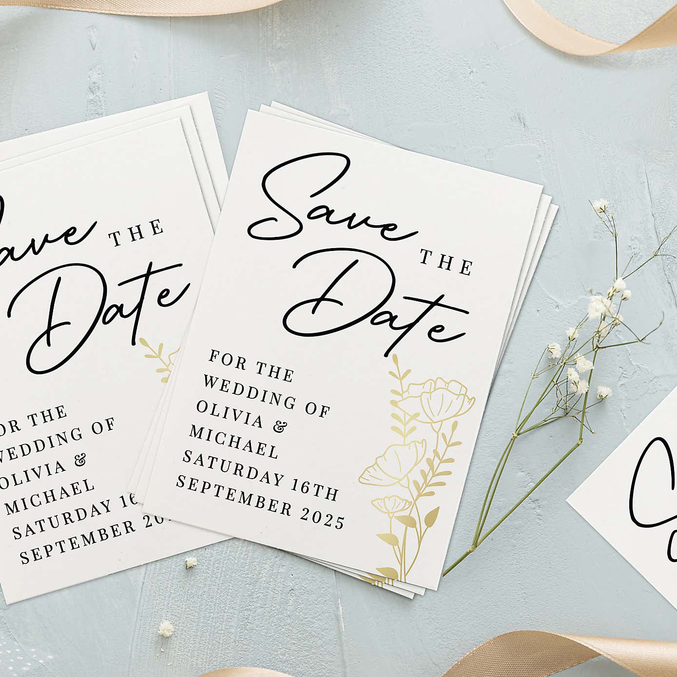 Pack of 36 Personalised Gold Floral Save the Date Cards