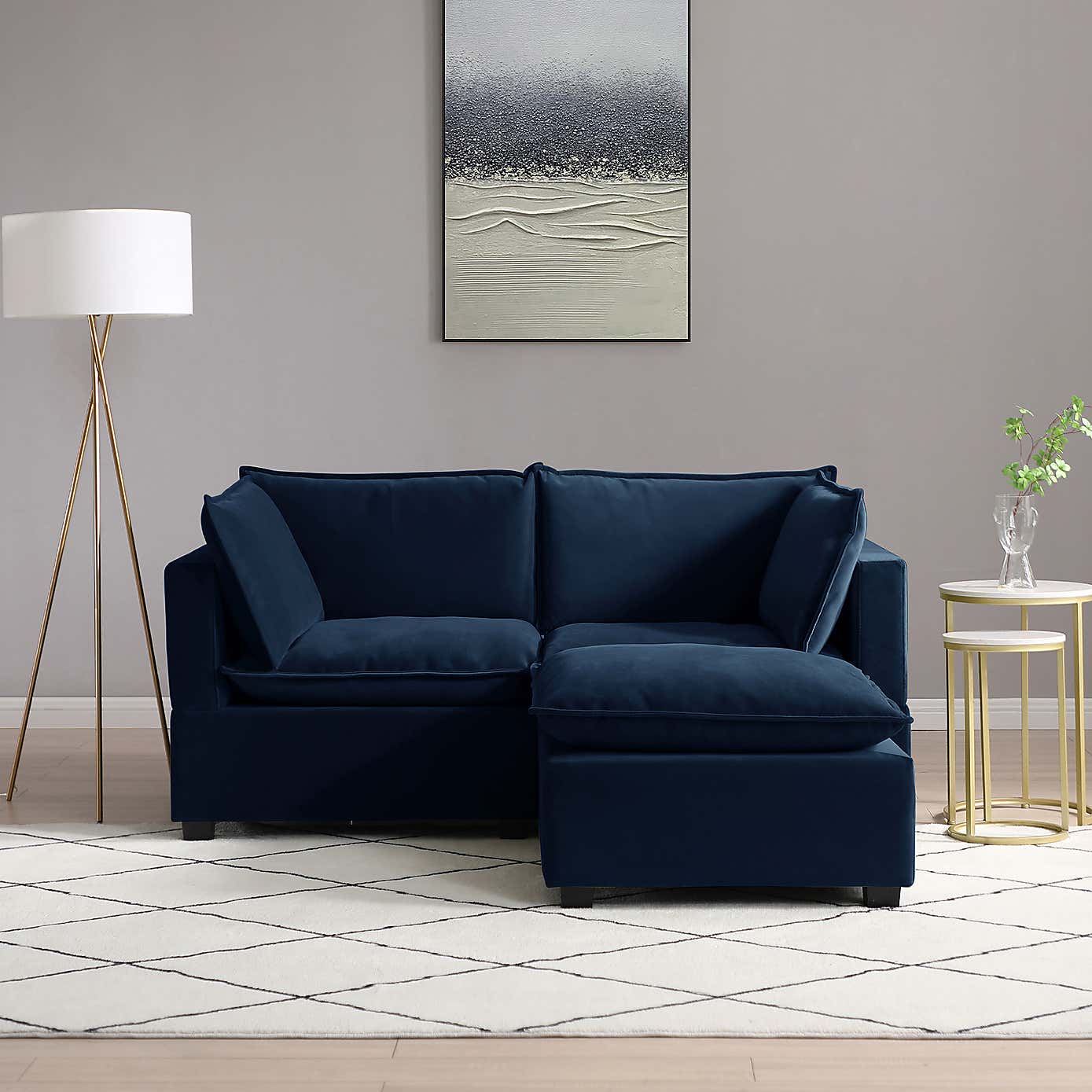 Moda 2 Seater Modular Sofa with Chaise, Navy Velvet